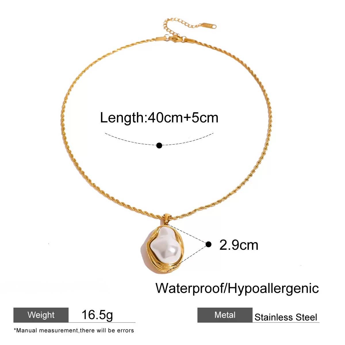 Aurea Jewelry - Stainless Steel Baroque Pearl Gold Pendant Necklace