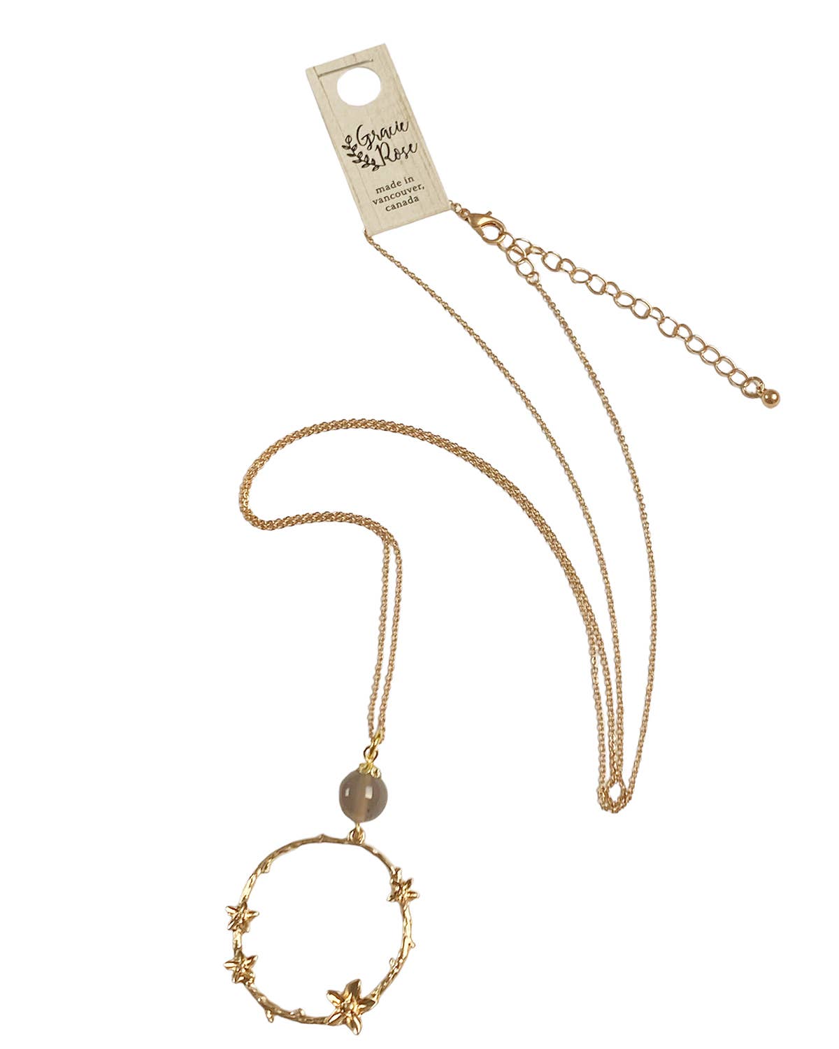 Gracie Rose Designs - Romantic Gold Circle Branch Grey Agate Pendant Necklace