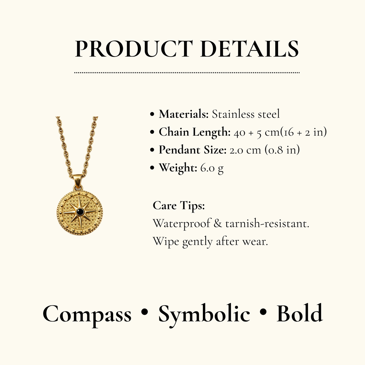 Aurea Jewelry - Stainless Steel Gold Compass Star Pendant Necklace