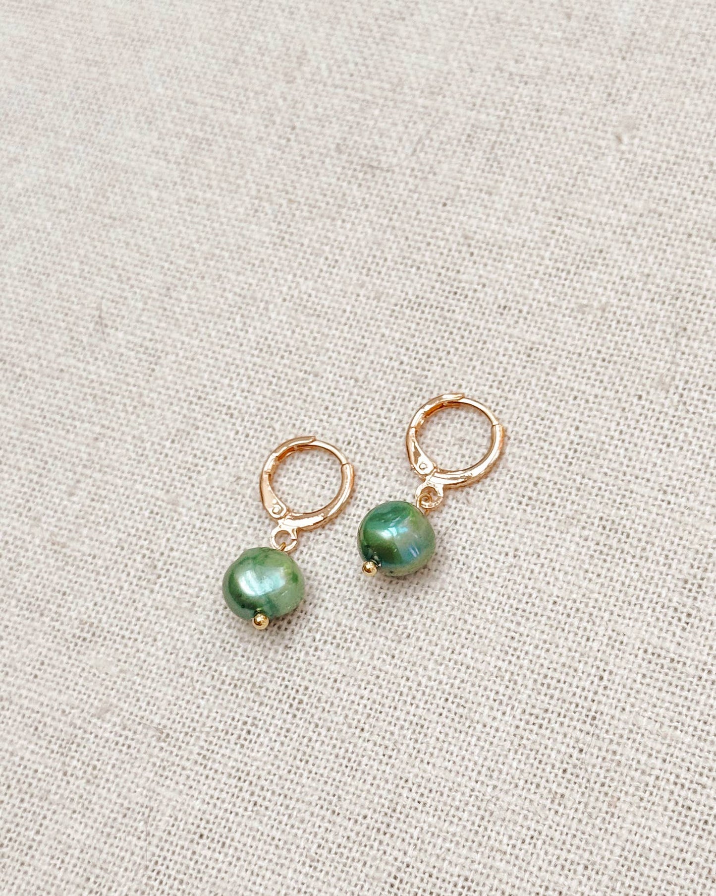 Gracie Rose Designs - Sage Green Freshwater Pearl Drop Gold Huggie Earrings
