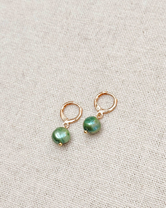 Gracie Rose Designs - Sage Green Freshwater Pearl Drop Gold Huggie Earrings