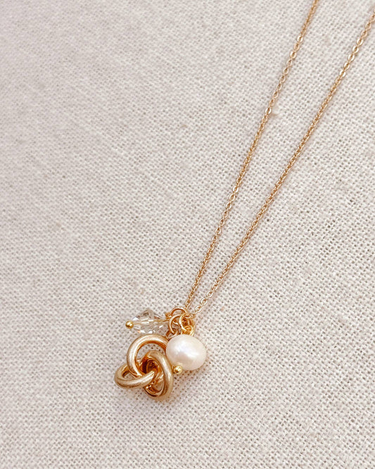 Gracie Rose Designs - Freshwater Pearl Knot Gold Necklace with Crystal Accent