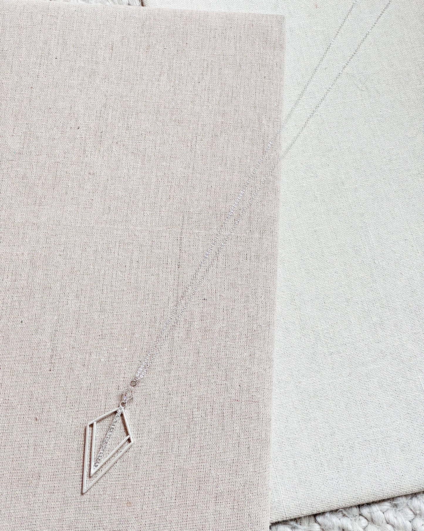 Gracie Rose Designs - Matte Silver Rhinestone Geometric Pendant Long Necklace