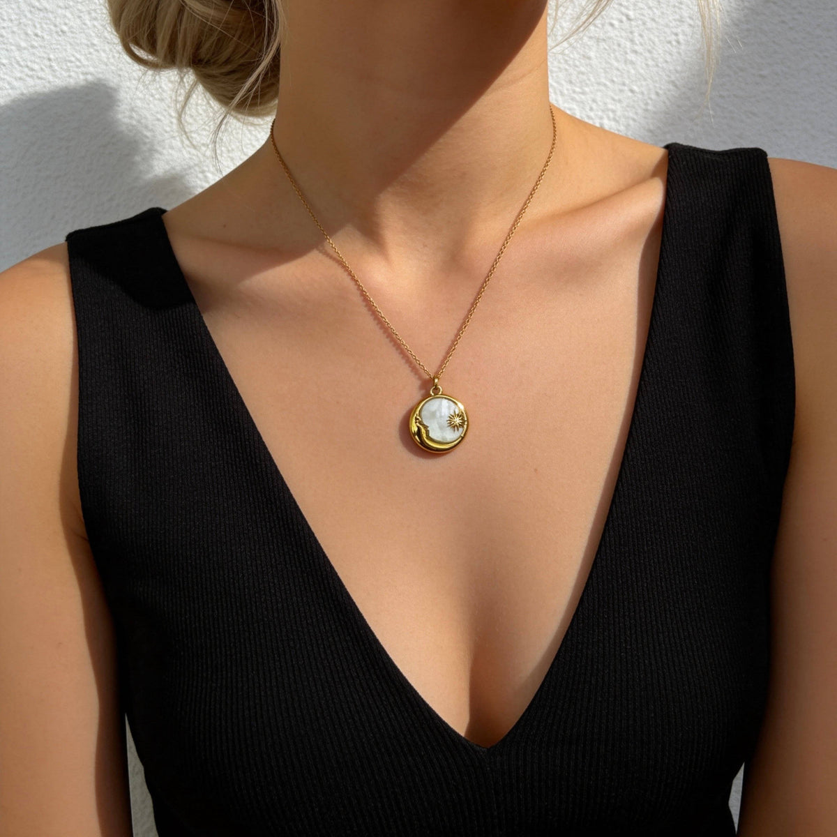Aurea Jewelry - Stainless Steel Sun & Moon Mother-of-Pearl Pendant Necklace