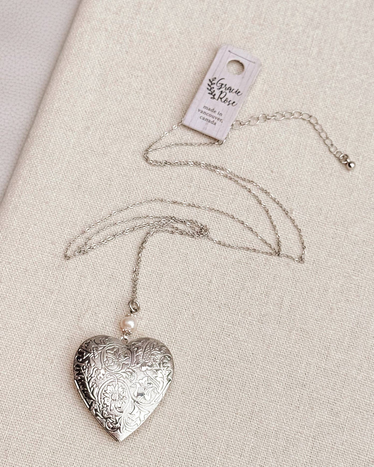 Gracie Rose Designs - Large Silver Heart Locket Freshwater Pearl Necklace