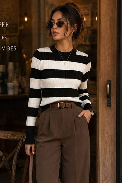TIMING - Stripe Cable Knit Sweater Mocha Colored