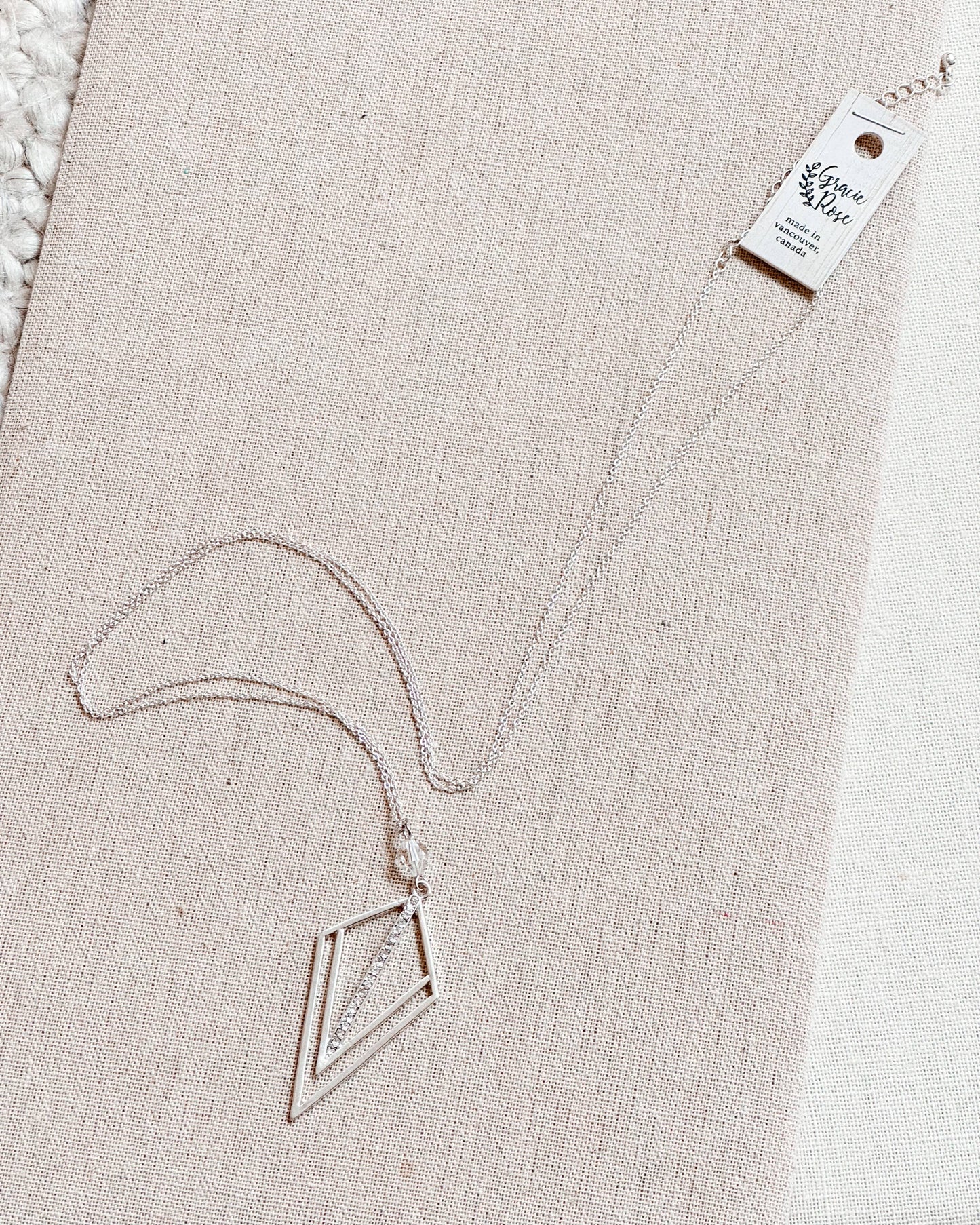 Gracie Rose Designs - Matte Silver Rhinestone Geometric Pendant Long Necklace