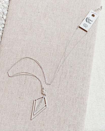 Gracie Rose Designs - Matte Silver Rhinestone Geometric Pendant Long Necklace