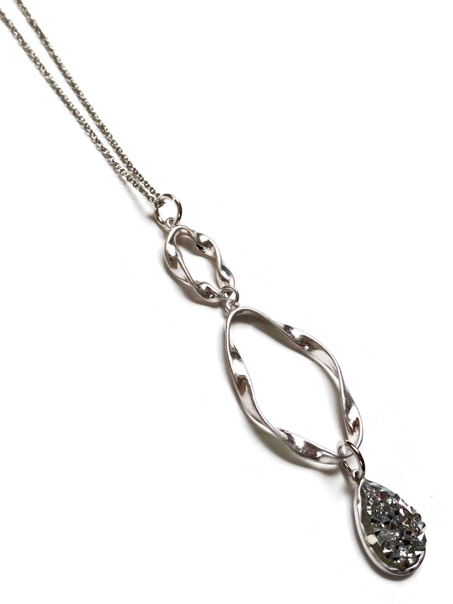 Gracie Rose Designs - Matte Silver Twisted Ribbons Crystals Pendant Necklace