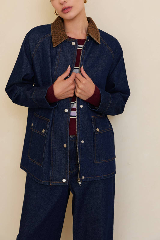 Sunday Edition Denim Jacket with Leopard Print