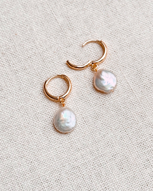 Gracie Rose Designs - Minimalist Gold Freshwater Pearl Coin Huggie Hoop Earrings