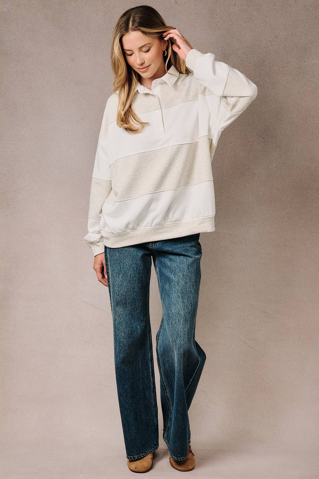 Sunday Edition by LE LIS - POLO COLLAR LONG SLEEVE COLOR BLOCK RUGBY PULLOVER TOP Light Grey