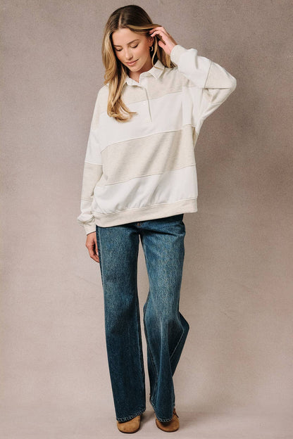 Sunday Edition by LE LIS - POLO COLLAR LONG SLEEVE COLOR BLOCK RUGBY PULLOVER TOP Light Grey