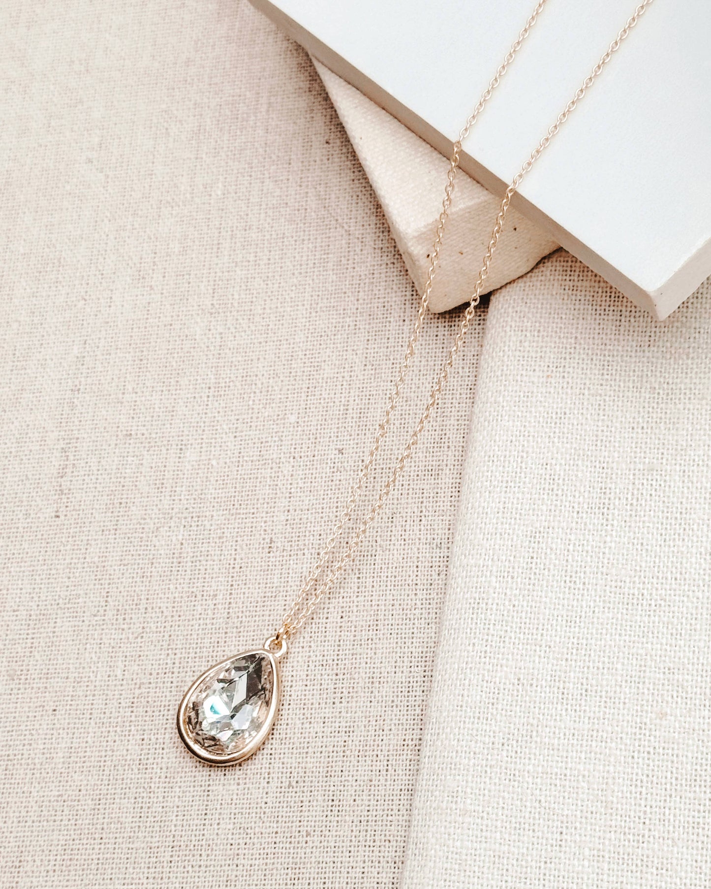 Gracie Rose Designs - Minimalist Matte Gold Crystal Teardrop Charm Long Necklace