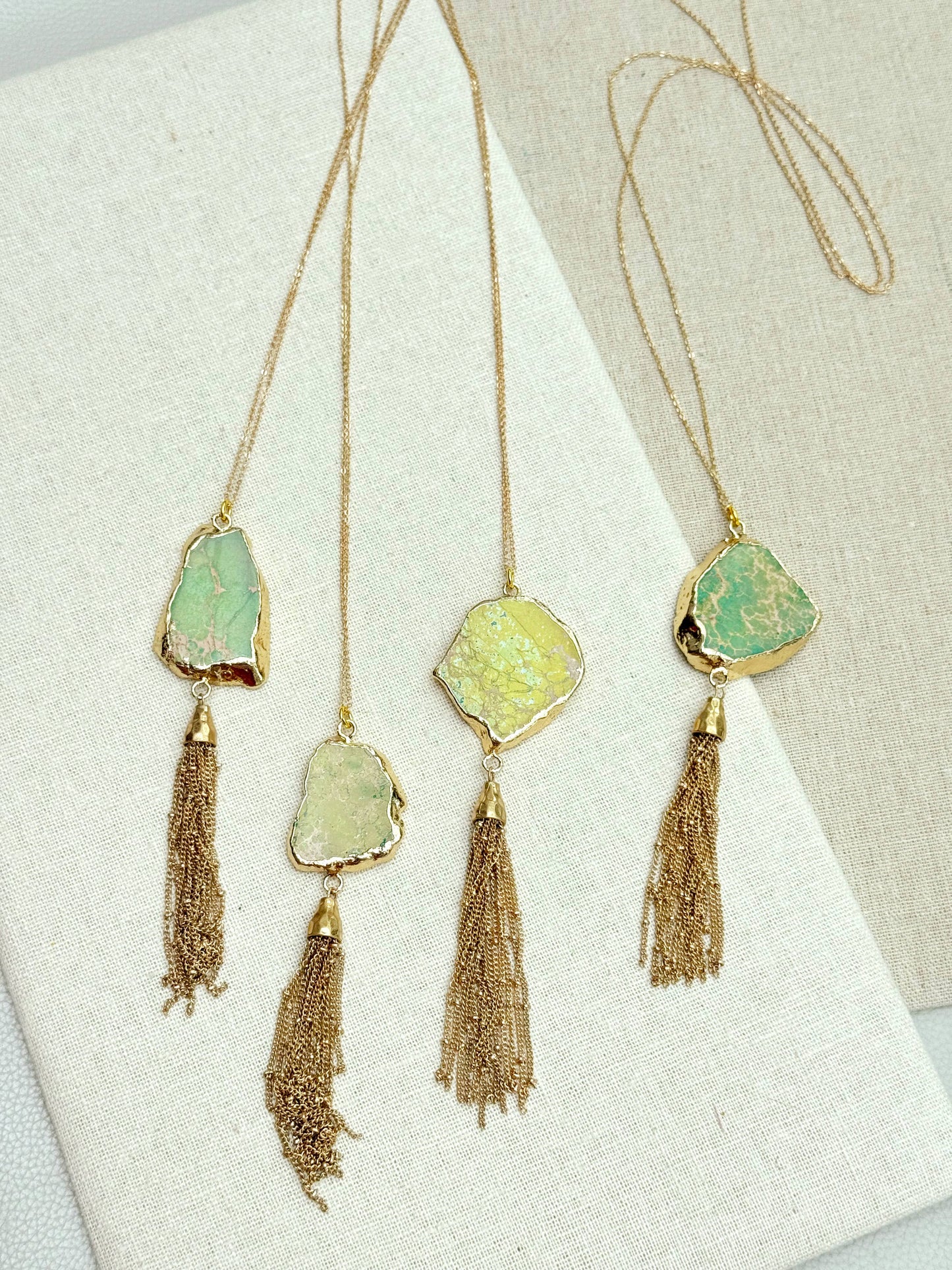 Gracie Rose Designs - One of a Kind Gold Green Sea Jasper Pendant Tassel Necklace