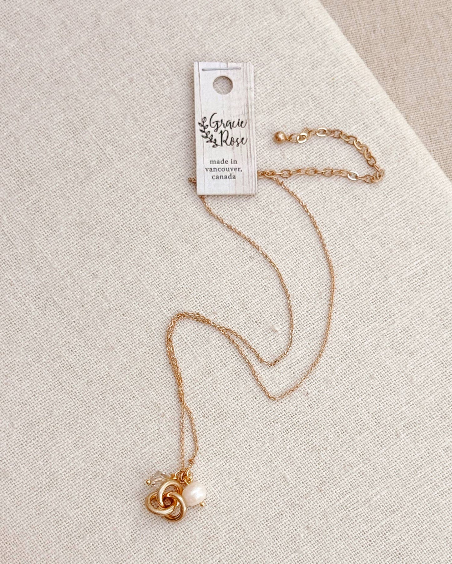 Gracie Rose Designs - Freshwater Pearl Knot Gold Necklace with Crystal Accent