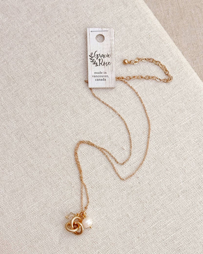 Gracie Rose Designs - Freshwater Pearl Knot Gold Necklace with Crystal Accent