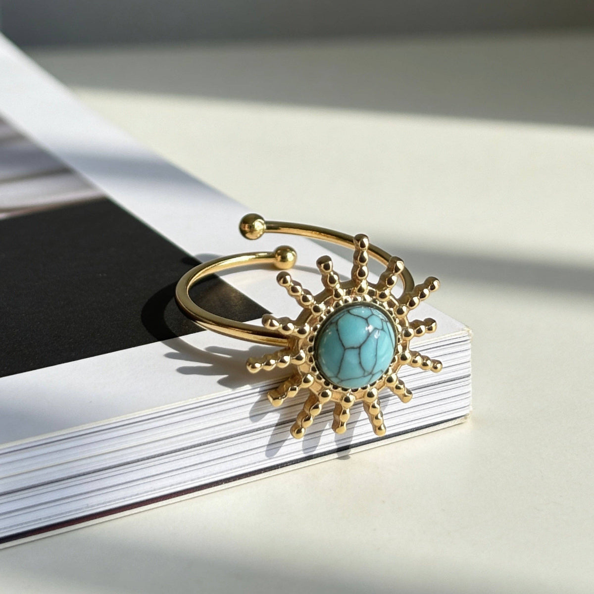 Aurea Jewelry - Stainless Steel Turquoise Sunburst Statement Open Ring