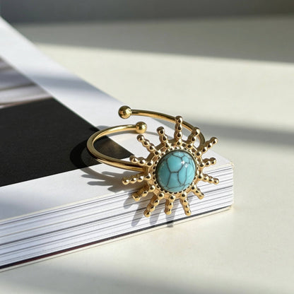 Aurea Jewelry - Stainless Steel Turquoise Sunburst Statement Open Ring