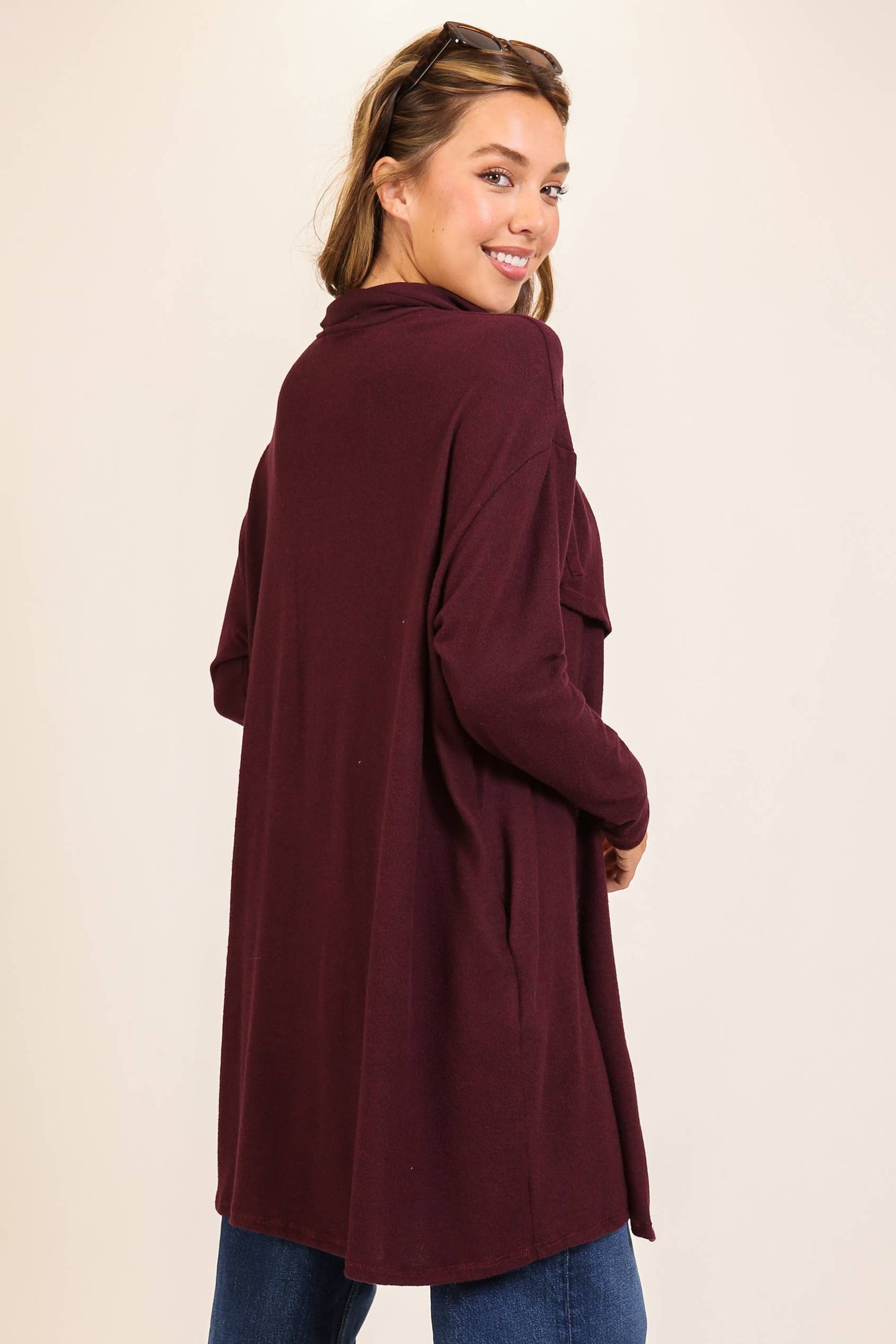 TIMING - Cozy Open-Front Knit Cardigan Wine