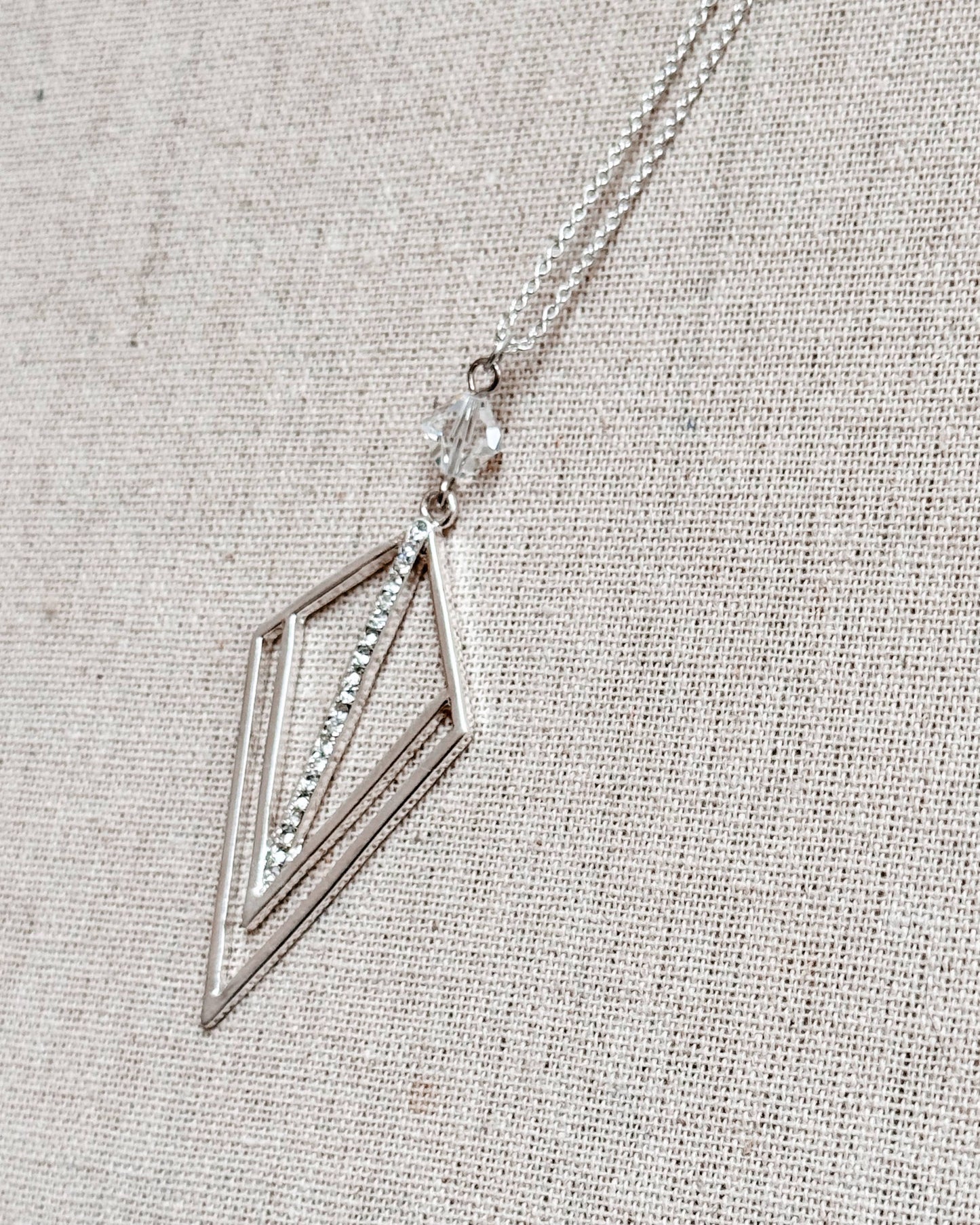 Gracie Rose Designs - Matte Silver Rhinestone Geometric Pendant Long Necklace