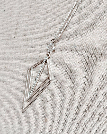 Gracie Rose Designs - Matte Silver Rhinestone Geometric Pendant Long Necklace