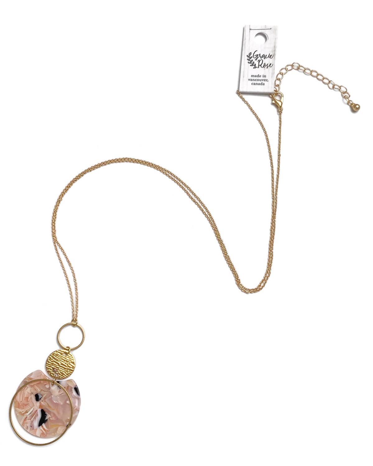 Gracie Rose Designs - Matte Gold Pink Rose Petal Acetate Tassel Geometric Necklace