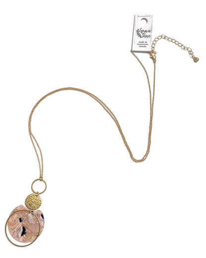 Gracie Rose Designs - Matte Gold Pink Rose Petal Acetate Tassel Geometric Necklace