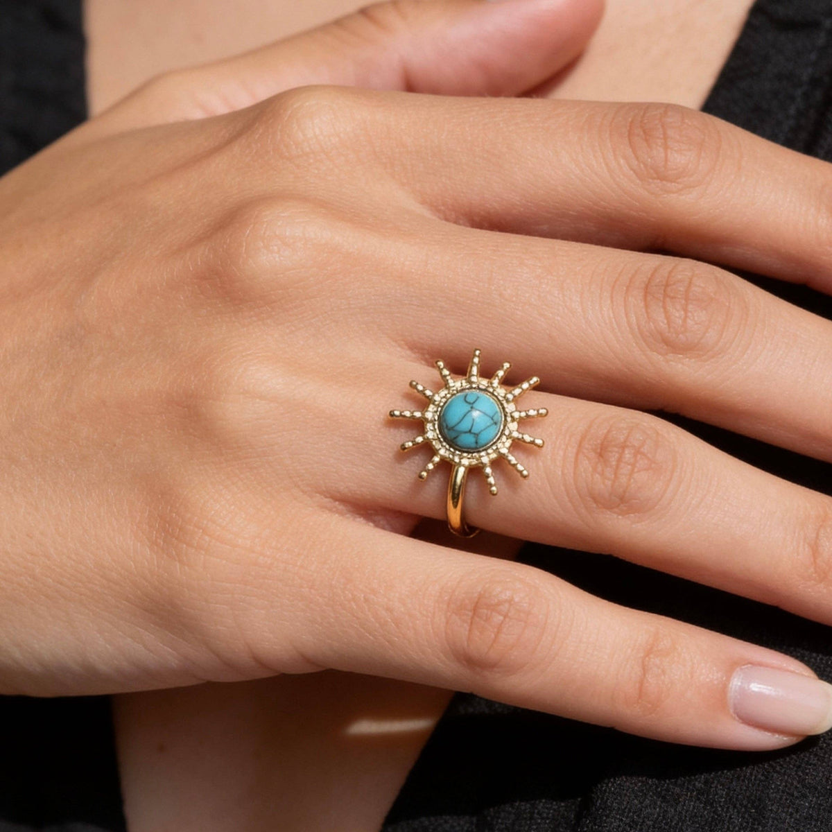 Aurea Jewelry - Stainless Steel Turquoise Sunburst Statement Open Ring