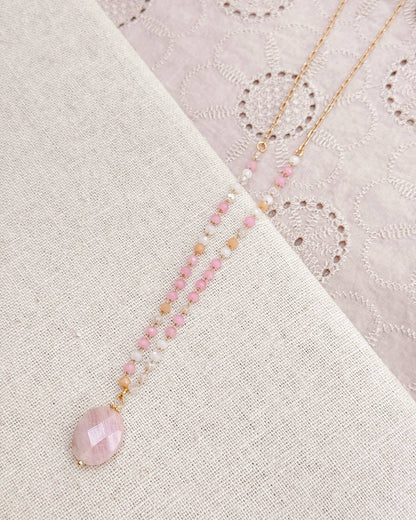 Gracie Rose Designs - Rose Quartz Pendant Necklace with Blush Beaded Chain