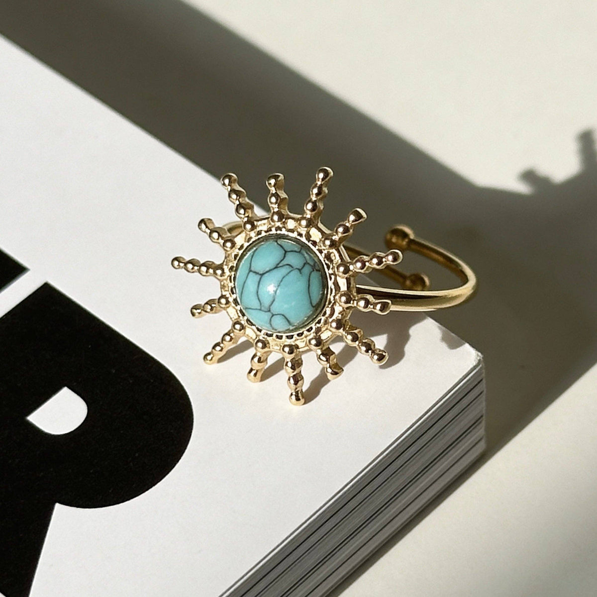 Aurea Jewelry - Stainless Steel Turquoise Sunburst Statement Open Ring