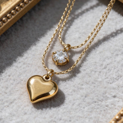 Aurea Jewelry - Layered Heart Necklace with Cubic Zirconia Charm