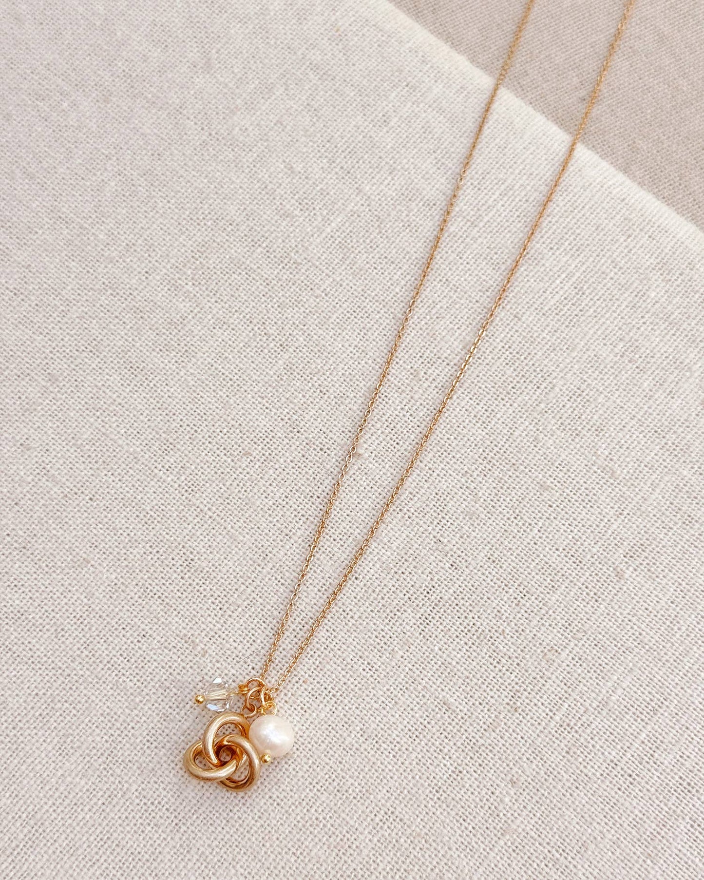Gracie Rose Designs - Freshwater Pearl Knot Gold Necklace with Crystal Accent