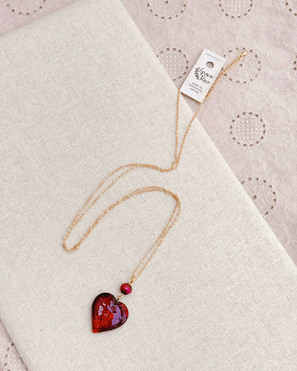 Gracie Rose Designs - Medium Murano Glass Ruby Red Heart Necklace with Gold Chain
