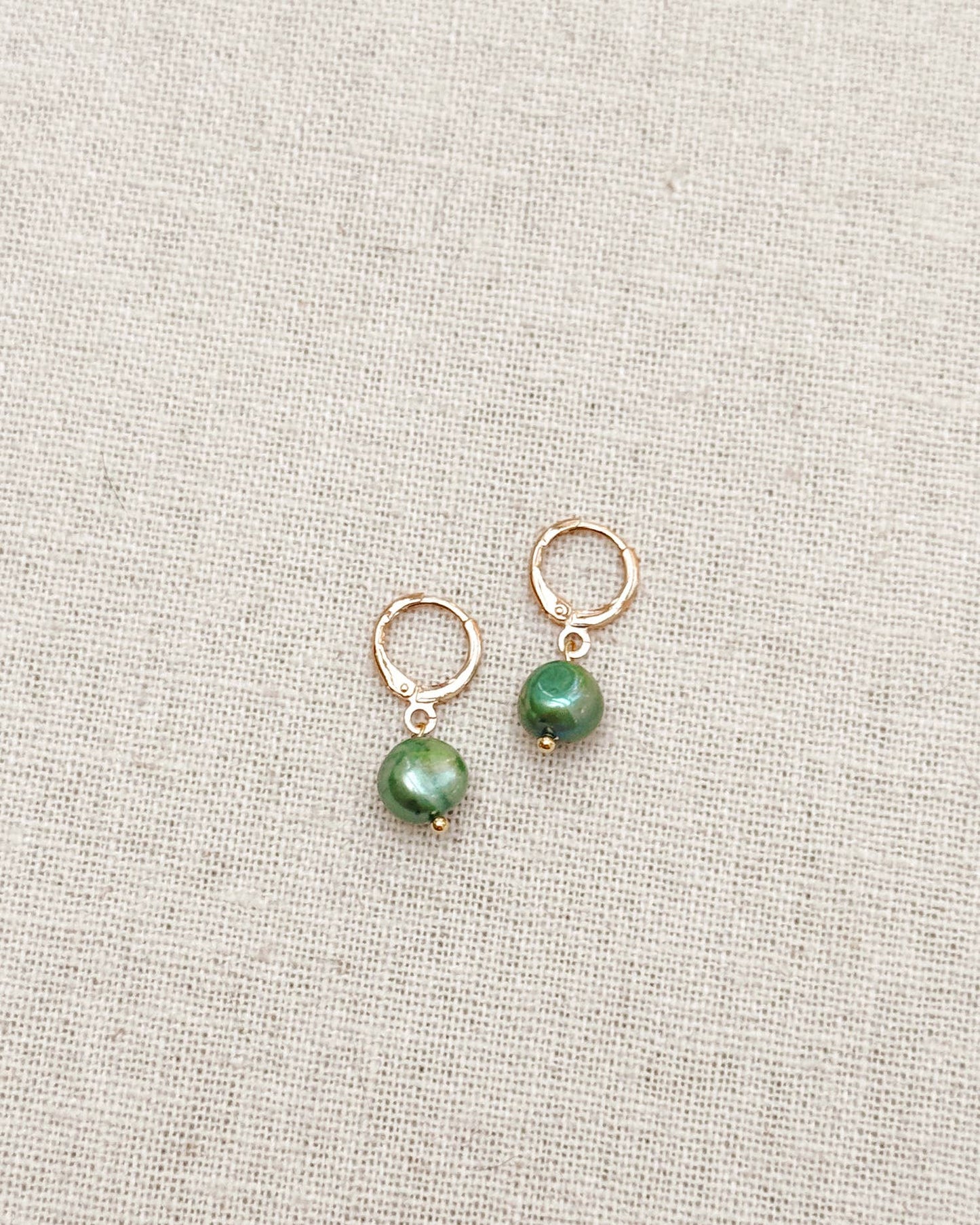 Gracie Rose Designs - Sage Green Freshwater Pearl Drop Gold Huggie Earrings