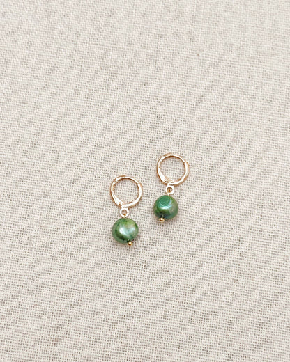 Gracie Rose Designs - Sage Green Freshwater Pearl Drop Gold Huggie Earrings