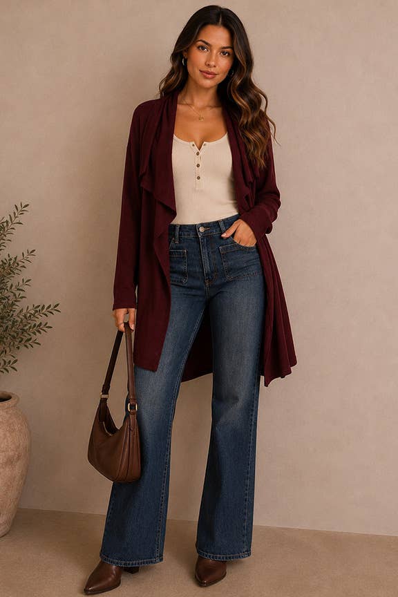 TIMING - Cozy Open-Front Knit Cardigan Wine