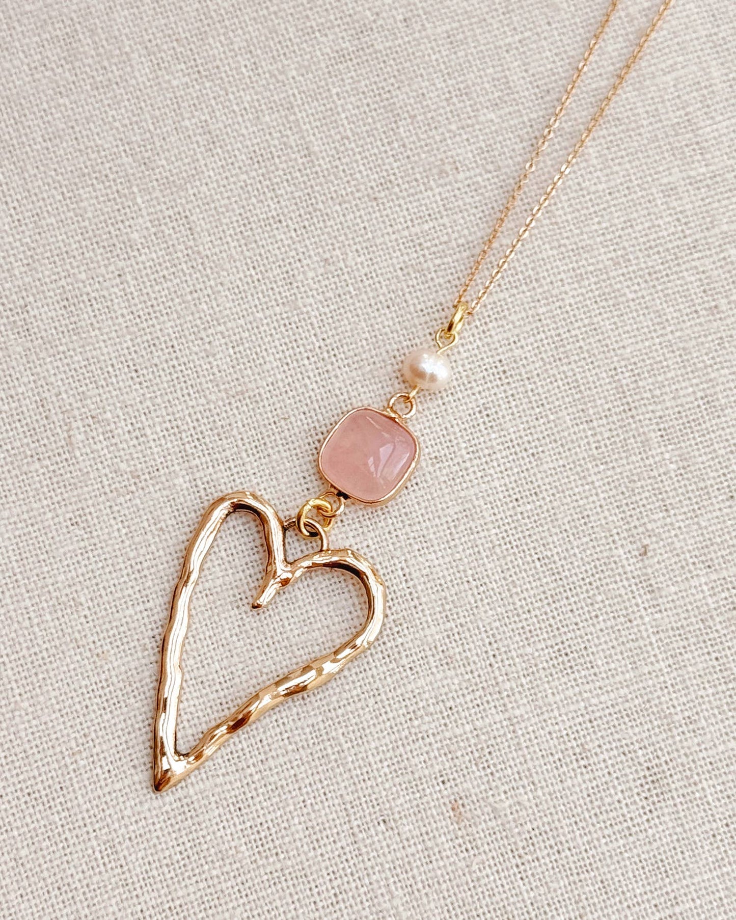 Gracie Rose Designs - Romantic Gold Rose Quartz Love Heart Pendant Long Necklace