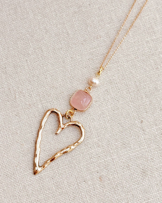 Gracie Rose Designs - Romantic Gold Rose Quartz Love Heart Pendant Long Necklace