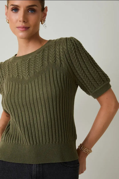 Sunday Edition Olive Cable Knit Puff Sweater