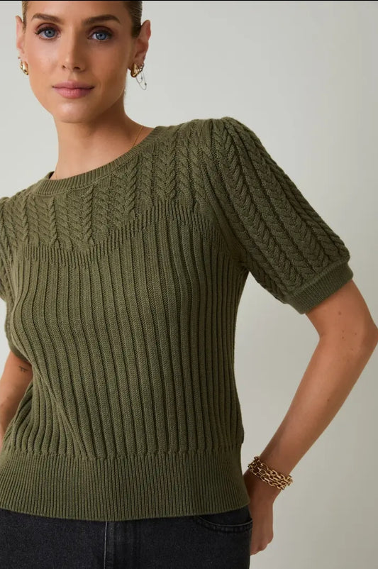 Sunday Edition Olive Cable Knit Puff Sweater