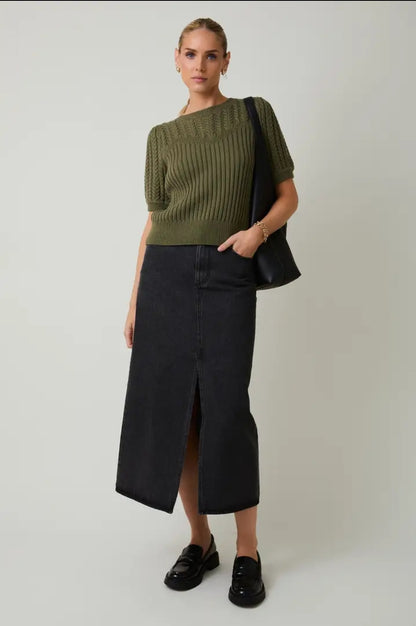 Sunday Edition Olive Cable Knit Puff Sweater