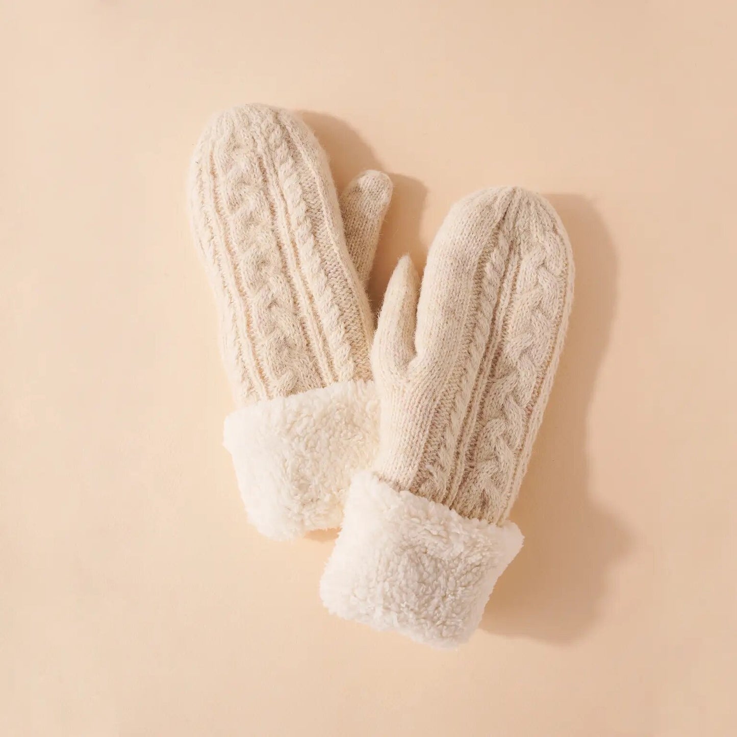 Cream Wool Mittens with Fleece Lining