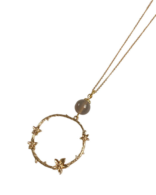 Gracie Rose Designs - Romantic Gold Circle Branch Grey Agate Pendant Necklace