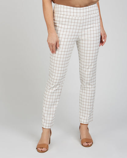 Renuar White Dress Pant with Toffee Grid Pattern