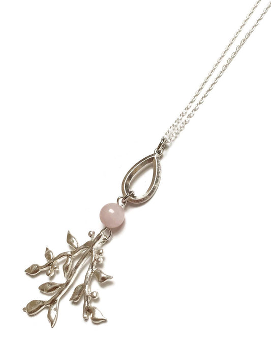 Gracie Rose Designs - Botanical Silver Pink Rose Quartz Tree Branch Necklace