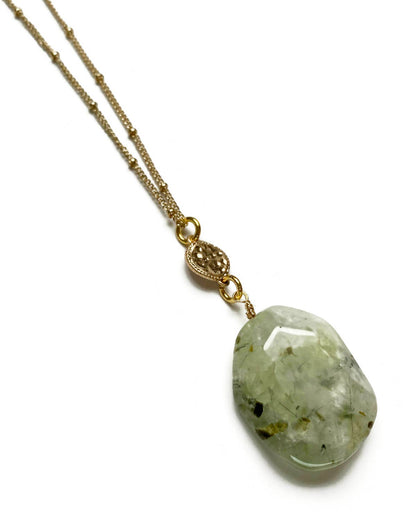 Gracie Rose Designs - Gold Fancy Chain Large Green Prehnite Pendant Necklace